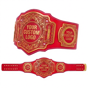 Cinturón de Campeonato Personalizado con Correa de Cuero Roja, Placas de Alta Calidad con Logotipo Personalizado en Dorado, Cinturón de Campeonato de Peso Pesado - Product Image 1