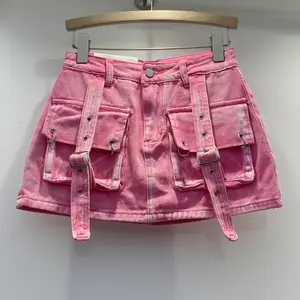 2024 verão rosa alça de bolso A linha emagrecimento workwear saia curta jeans para mulheres