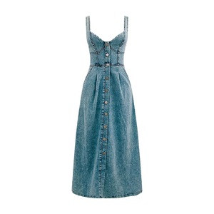 Retro <b>Spaghetti</b> <b>Straps</b> Sleeveless Casual Style Button Denim Maxi Dress for Women Fashion - Product Image 4