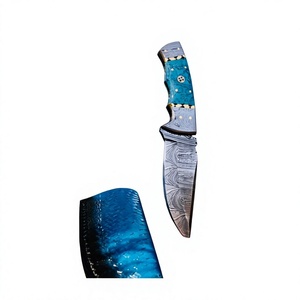 Cuchillo de caza hecho a mano de acero al carbono con hoja fija, borde parcialmente serrado, ligero y duradero, mango de resina con púas de mosaico, para camping - Product Image 3