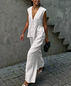 Top peplo da donna <span class=keywords><strong>in</strong></span> <span class=keywords><strong>lino</strong></span> due pezzi con scollo a V profondo e <span class=keywords><strong>pantaloni</strong></span> <span class=keywords><strong>larghi</strong></span> per abbigliamento Casual Chic <span class=keywords><strong>pantaloni</strong></span> <span class=keywords><strong>larghi</strong></span> senza maniche - Product Image 1