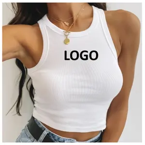 2022 Hot Sale Custom Logo Summer Sexy Lady White Black Ribbed Crop Tank Top Women