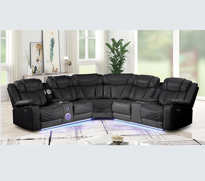 Canapé sectionnel inclinable de style moderne, avec ports USB-C et Bluetooth intégrés, fabriqué en bois et simili cuir noir - Product Image 1