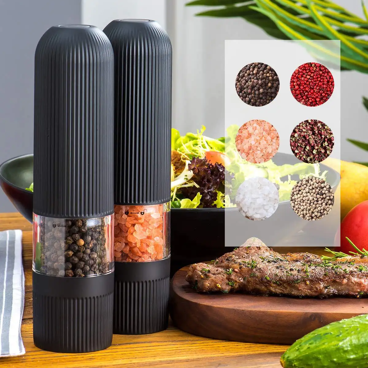 Electric ABS Battery Operated Salt And Pepper Mill Set Soft Feel Electric Plastic Salt Pepper Mill