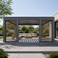 Pergola bioclimatique motorisée moderne de luxe en aluminium avec volets latéraux en grain de bois, résistante aux intempéries, écologique, pour jardin