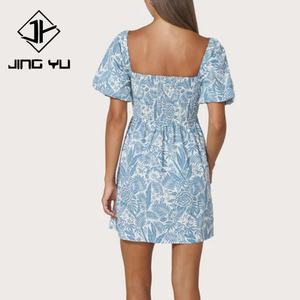 Robe courte à manches bouffantes plissée à imprimé hawaïen de haute qualité, robe en coton biologique personnalisée pour l'été - Product Image 4