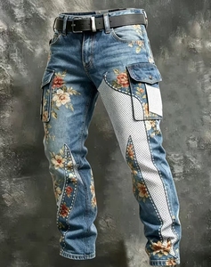 Pantalon cargo homme style streetwear américain, imprimé color block, coupe ample et slim, décontracté, multi-poches, droit, long - Product Image 4