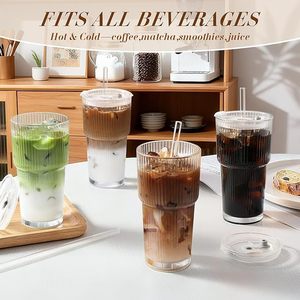 Copo de Vidro de 20oz com Design Moderno, Portátil, à Prova de Vazamentos, Copo Vertical com Relevo, Utensílios de Mesa com Tampa de PP para Leite, Café, Viagem e Escritório - Product Image 5
