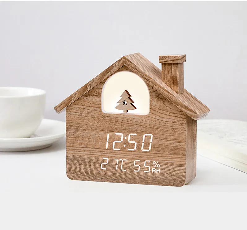 Creative House Shaped Christmas Decorative LED Digital Clock Temperature Humidity Display Night Light Desk & Table Clock Spring