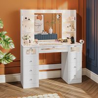 Coiffeuse de chambre moderne avec éclairage LED, 9 tiroirs, plateau en verre, 3 ampoules colorées et station de charge