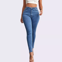 Jean slim taille haute pour femme, pantalon en Denim, couleur unie, bleu