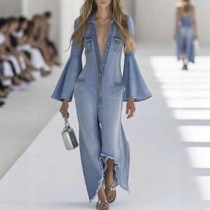 Combinaison en jean décontractée à col simple et couleur unie pour femme, nouvelle collection automne-hiver - Product Image 1