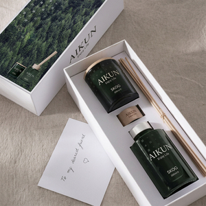 Aikun Luxury 200ml <b>Dark</b> Green Glass Screen Printed Logo <b>Forest</b> Box Reed Diffuser Matching Candle Gift Set For Home Decor - Product Image 1
