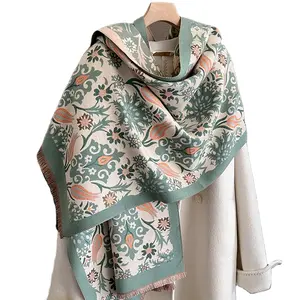 New Arrival Winter Flower Print Cashmere Acrylic Scarves Shawls Wrap Double Sided Thick Long Blanket Scarf