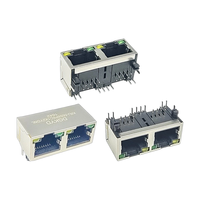 Connecteur Ethernet RJ45 double port 1x2 à entrée latérale traversante pour montage sur circuit imprimé avec LED Y/G et fiche femelle 8P8C blindée en métal