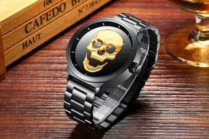 Reloj de cuarzo para hombre con esfera negra 3D y correa de acero inoxidable – Reloj de moda estilo gótico urbano - Product Image 1