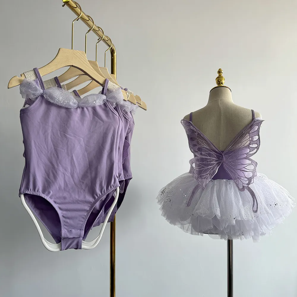 Custom colors designs cute new coming purple kids girls dance ballet tutu dress with wings