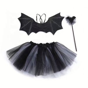 Ensemble de 4 pièces pour enfants : Ailes de chauve-souris, baguette magique, tutu et costume d'ange/diable noir avec bandeau pour Halloween - Product Image 2