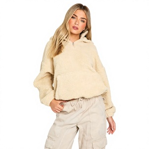 Women's Oversized Hooded Fleece Pullover Sweatshirt Solid Color Drop-Shoulder <b>Long</b> <b>Sleeve</b> Winter <b>Crop</b> Top with Pockets - Product Image 1