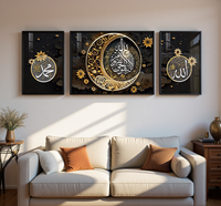Peintures décoratives murales Art Déco islamique avec cadre noir, strass en cristal et inscriptions religieuses imprimées pour la décoration intérieure musulmane