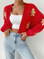 Cardigan en tricot pour femme, motif pain d'épices, ouvert sur le devant, à manches longues, pull de fête, haut décontracté pour superposition, collection automne-hiver