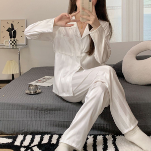 Set di pigiami in raso di seta di ghiaccio da <span class=keywords><strong>donna</strong></span> per adulti 2 pezzi primavera-autunno <span class=keywords><strong>abbigliamento</strong></span> per la casa con elastico in vita per indumenti da notte estivi - Product Image 4
