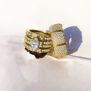 Ensemble de 4 bagues pour couple plaquées or 18 carats, micro-zircon pavé complet, bague pour homme, bague empilable marquise pour femme, bijoux de mariage et de fiançailles - Product Image 5