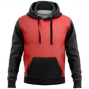 Men's Red Black Color Block Hooded Sweatshirt Regular Fit Casual Knitted Pocket Design Autumn Wear - Product Image 1