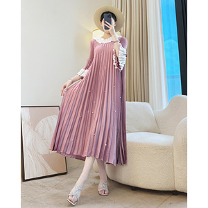 Vestido Casual Elegante Azul Marino Plisado para Mujer con Detalle de Perlas y Cuello con Volantes - Vestido Midi con Mangas Abullonadas para Fiesta - Product Image 5