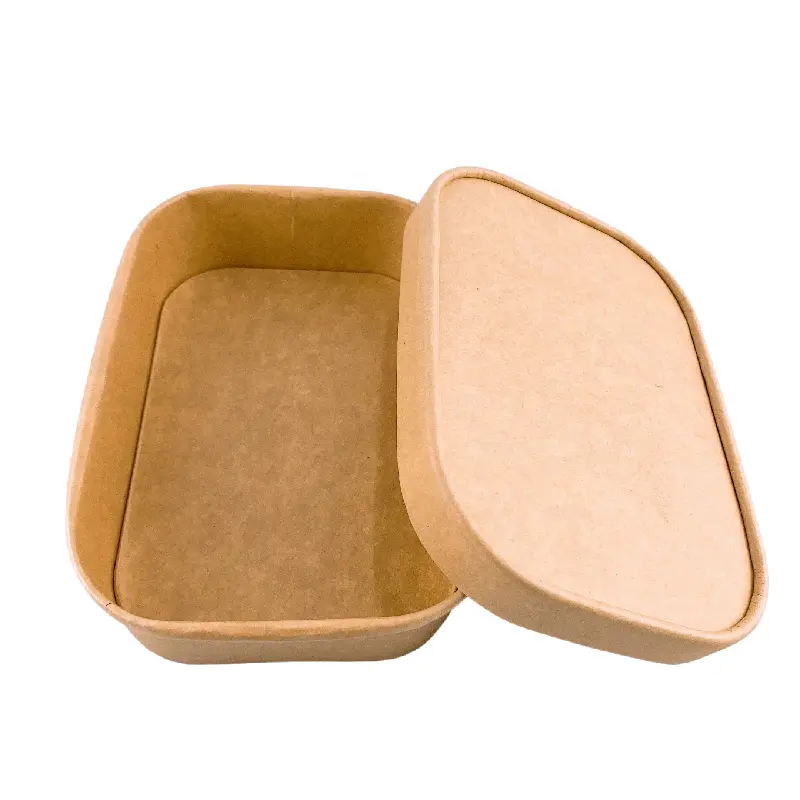 lunch box kraft paper rectangular bowl square biodegradable food packaging bowl paper salad bowl with PP lid
