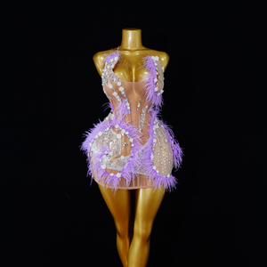Mini-robe de scène professionnelle lavande ornée de plumes et de cristaux, style corset à baleines, décolleté plongeant en V, dos en maille transparente à lacets, pour spectacle de showgirl - Product Image 1