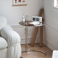 Table d'appoint ronde moderne en verre trempé avec plateau rond, hauteur réglable, en acier inoxydable argenté