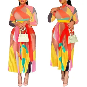 2023 Phụ Nữ Mới Kỹ Thuật Số Độ Nét Cao In Dài Tay Áo Pleated Maxi Dress Phụ Nữ Ăn Mặc