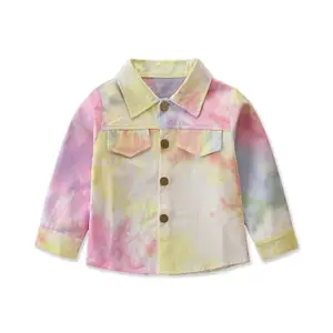 Blusa infantil de primavera e outono, camisa jeans gravata-dyed para meninas e crianças