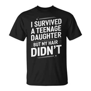 Camiseta I Survived A Teenage Daughter de manga corta con cuello redondo, unisex, divertido regalo para adultos, para papá, mamá, reunión familiar, fiesta - Product Image 1