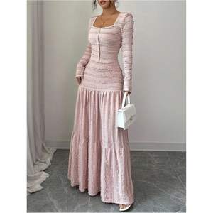 Ensemble jupe longue et haut boutonné pour femme, taille haute, col carré, froncé, coupe évasée, manches longues, jupes fluides, usage quotidien - Product Image 1