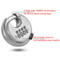 Cadenas à combinaison à disque rond réinitialisable en acier inoxydable de 70 mm, cadenas à disque à 4 chiffres