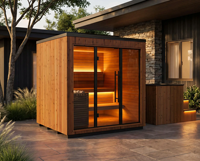 Sauna extérieur en cèdre rouge avec porte vitrée intégrale, éclairage LED, sauna à vapeur sèche, cabine de sauna sur mesure, sauna de jardin