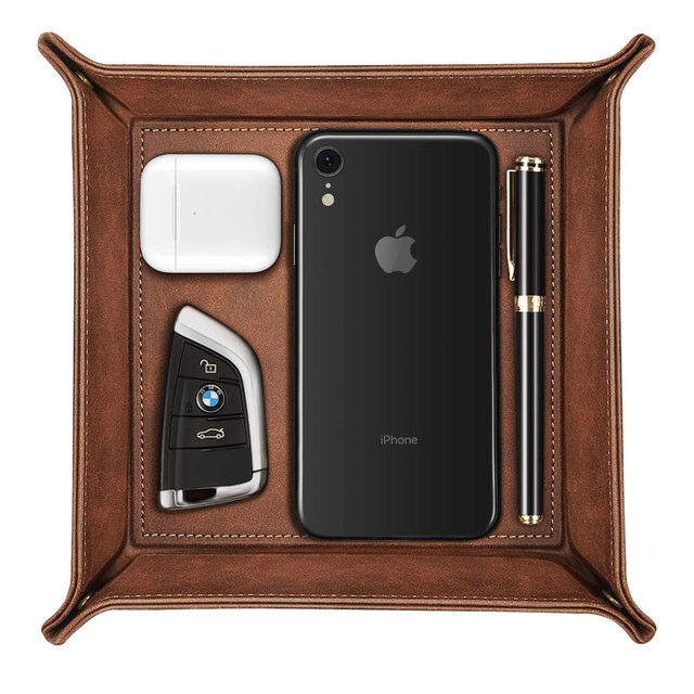 Valet Storage Tray Desktop Storage Organizer Premium PU Leather Bedside Vanity Tray