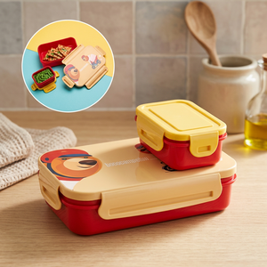 Boîte à lunch MEAL-X 600, jolie boîte à lunch en plastique à deux étages avec motif d'ours, rouge et jaune, pour enfants, portable, empilable, sans BPA - Product Image 3