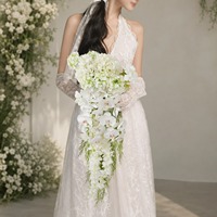 Buket Pengantin Putih Kustom, Bunga Sutra Phalaenopsis Hydrangea Wisteria Buatan, Buket Bunga Pengantin