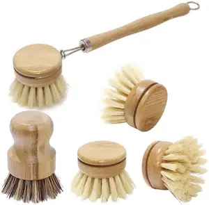 Dish Scrub Brush Wooden Wood Bamboo Pot Pan Dish Kitchen Long Bottle Cleaning Brush Set Plant Based Bamboo Natural Hand Brush