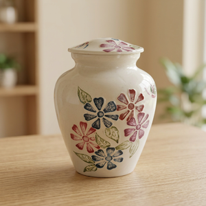 Urna Floral Blanca de Cerámica con Tapa, Recipiente para Cenizas Conmemorativas, Decoración para el Hogar - Artesanía India - Product Image 3