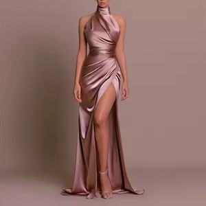 ชุดเดรสผ้าซาตินดีไซน์ใหม่ ราคาประหยัด คุณภาพสูง คอตั้ง แขนกุด ทรงยาว เซ็กซี่ ผ่าข้าง สำหรับงานกลางคืน ผู้หญิง - Product Image 3