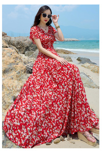 Đầm Voan Mùa Hè Mới Đầm Nữ Màu Đỏ Xòe Lớn Tay Ngắn Đầm Maxi Đi Biển - Product Image 3