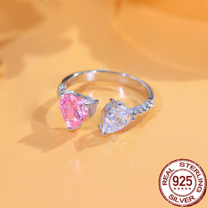 Anello Regolabile con Cuore Rosa e Goccia Bianca <span class=keywords><strong>in</strong></span> Zirconia Cubica per Donne, Speciale per Uso Quotidiano e Appuntamenti, <span class=keywords><strong>in</strong></span> Vero <span class=keywords><strong>Argento</strong></span> Sterling 925 - Product Image 5