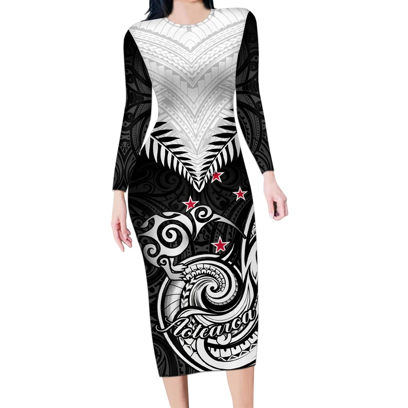 Personalised Long Sleeve Bodycon Dress - Aotearoa Silver Fern Maori Green,  Wholesale Autumn Clothing for Women