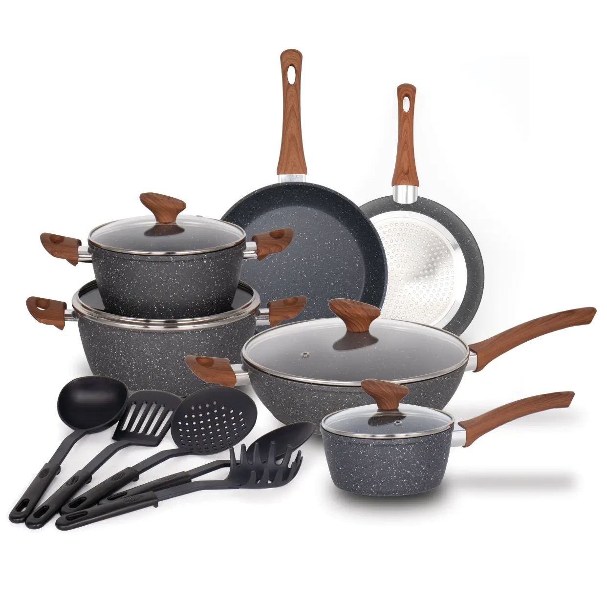 15 pcs forged aluminum cookware set gray marble pot and pan big sets wooden handle elegant cooking pan with kitchen utensils