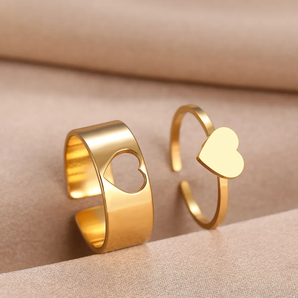 Anillos de acero inoxidable moderno romántico Corazón de moda ajustable anillo para las mujeres joyería de la boda Regalos de la Amistad 2 unids/set