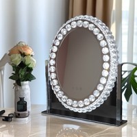 Miroir de maquillage ovale de luxe à LED avec lumières, bord en cristal, variateur tactile, rotation à 360 degrés, miroir de table pour la coiffeuse, taille personnalisée